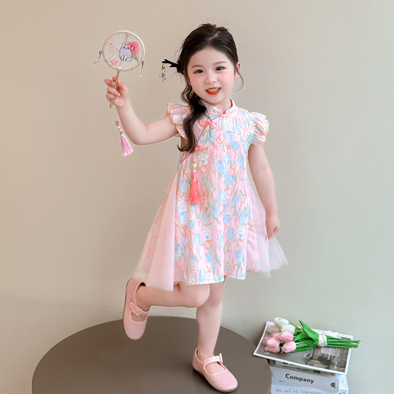 小女孩夏季新款国风甜美短袖裙女娃娃新中式连衣裙卡通旗袍淑女裙