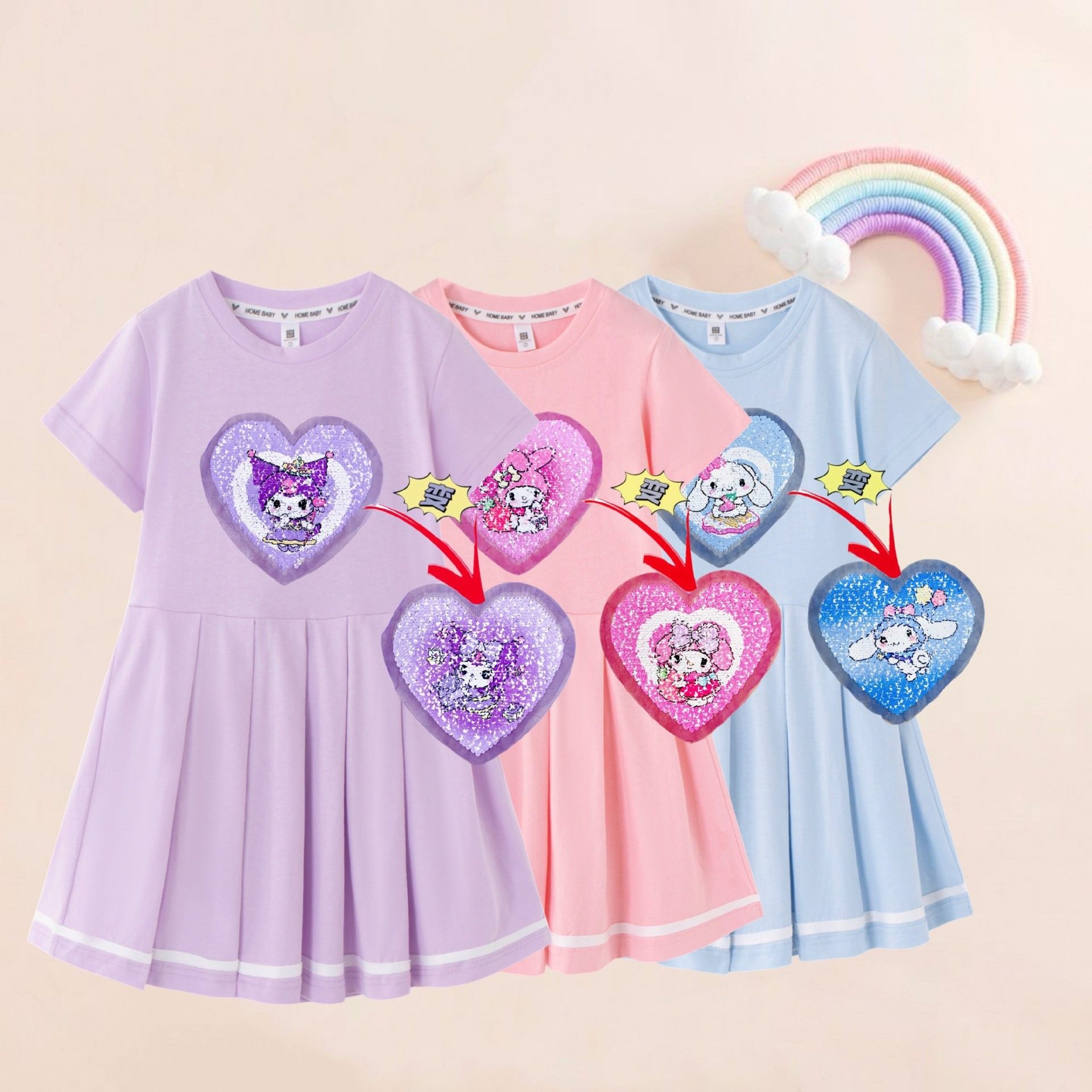 女.童库洛米变脸亮片短袖连衣裙纯棉夏季女孩变色美乐蒂公主裙子5