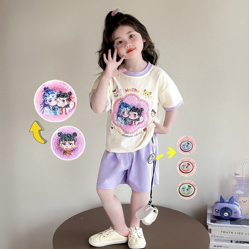 女 童哪咤敖丙变色亮灯短袖套装夏季女孩亮片哪吒短裤两件套纯棉6