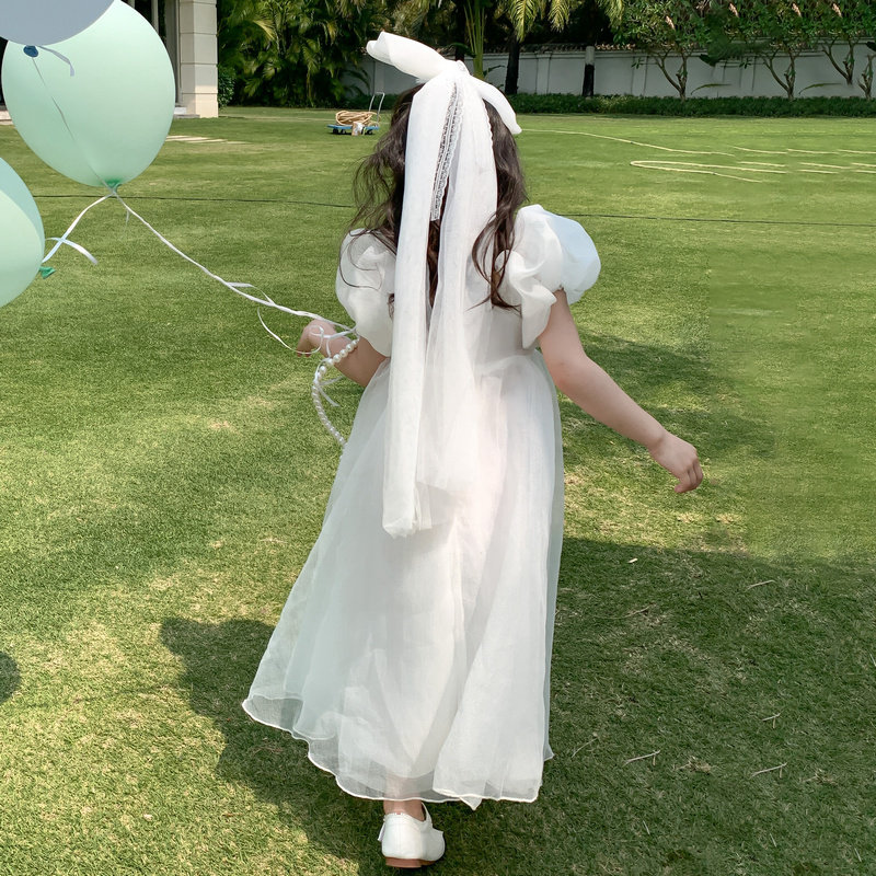 女小童白色带头纱连衣裙夏季新款5幼儿园演出服公主裙子礼服长裙6