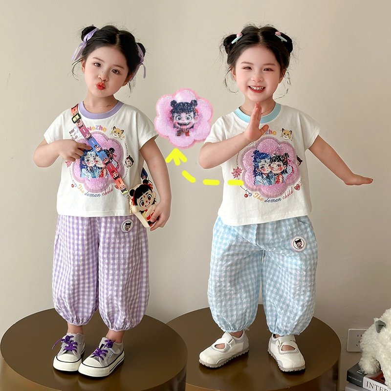 女小童哪吒敖丙变脸亮片短袖套装夏季幼儿园格子发光防蚊裤两件套