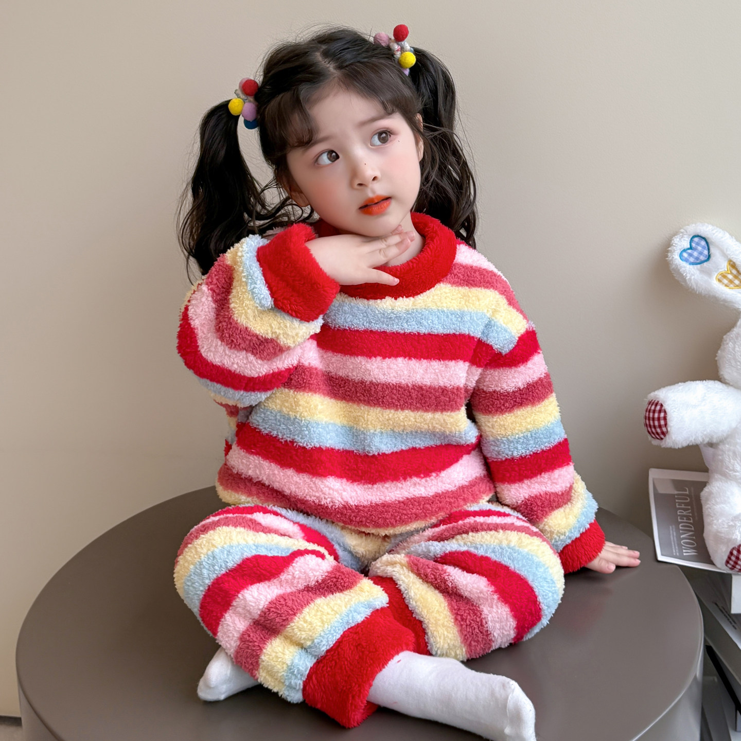 女小童彩虹条纹珊瑚睡衣加绒加厚女童冬季女孩宝宝韩版家居服套装