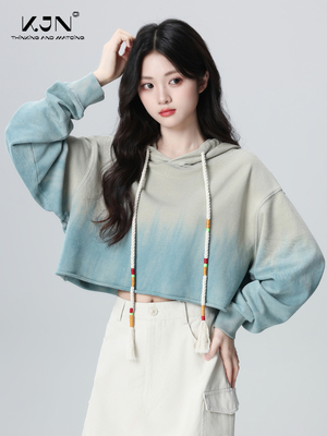 覆古渐变色连帽卫衣女春秋2025秋季新款抽绳设计感小个子短款上衣