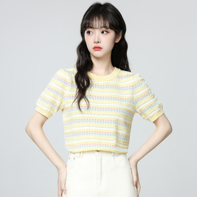 黄色条纹正肩短袖T恤女2026夏新款撞色宽松针织圆领T恤短款上衣