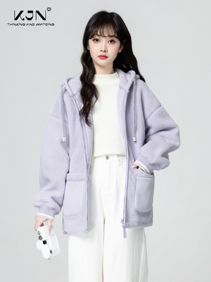 紫色摇粒绒连帽外套女秋冬2025冬新款羊羔毛宽松慵懒加绒加厚上衣