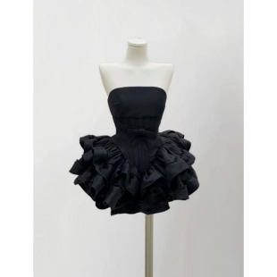 辣妹风性感暗黑抹胸连衣裙蓬蓬裙蓬蓬蛋糕裙蝴蝶结收腰设计感减龄