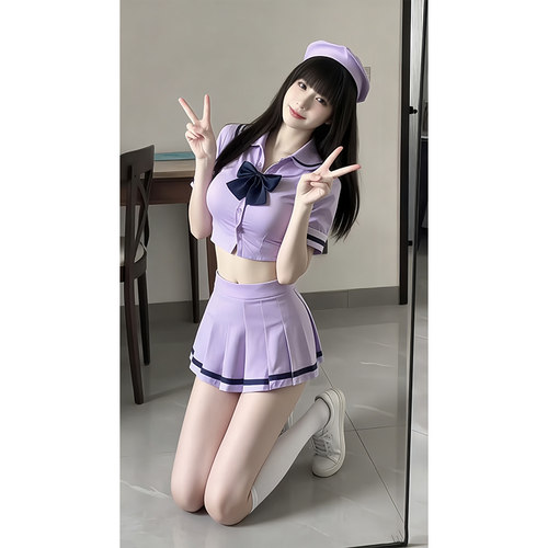 紫色JK制服衬衫蝴蝶结百褶裙套装