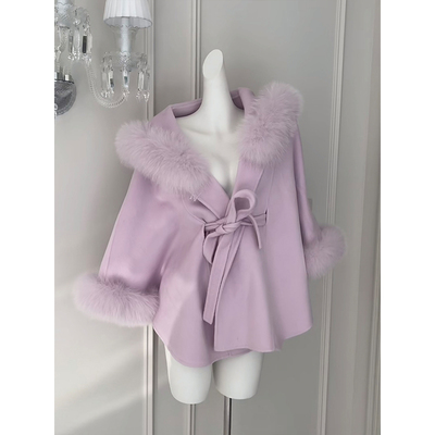 甜美温柔风连帽斗篷收腰毛呢大衣