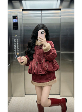 新年红色战袍复古外套半身裙套装撞色设计气质小香风富家千金减龄