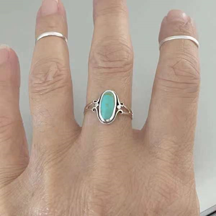 欧美饰品 复古松石金箍花纹戒指女 时尚几何椭圆绿色宝石指环
