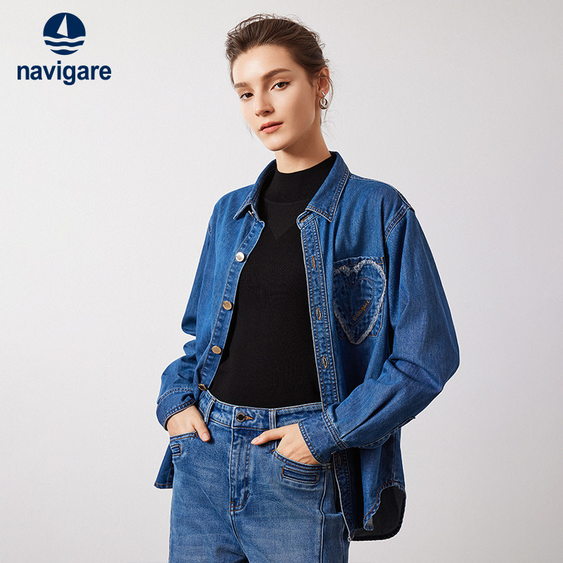 Navigare意大利小帆船蓝色工装牛仔衬衫女秋季新款休闲衬衣外