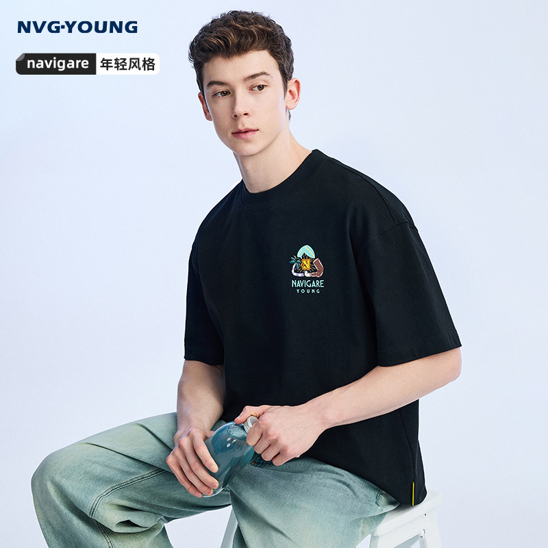 [纯棉]Navigare意大利小帆船黑色短袖T恤男时尚休闲宽松圆