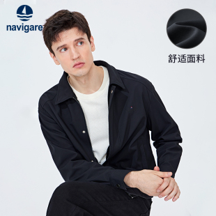 Navigare意大利小帆船春季黑色夹克男士休闲茄克翻领拉链外套