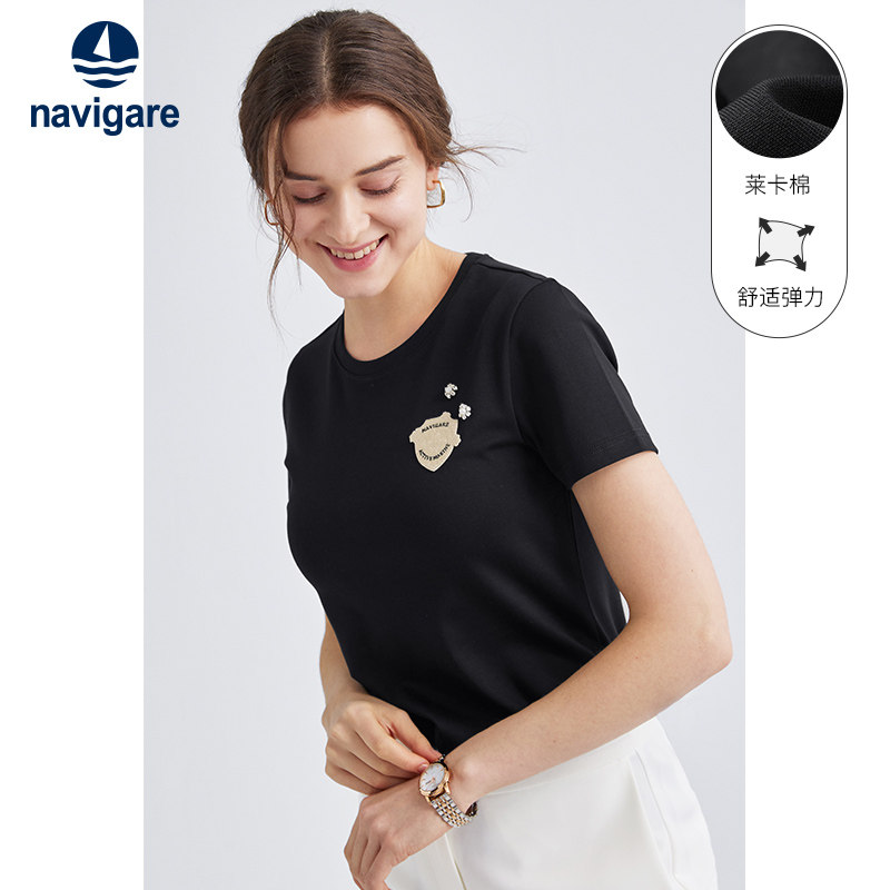 Navigare意大利小帆船黑色圆领短袖t恤女夏季修身上衣