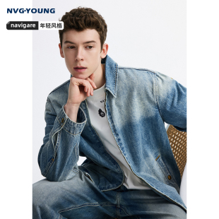 [明星同款]Navigare意大利小帆船蓝色翻领夹克男士春季复古牛仔服