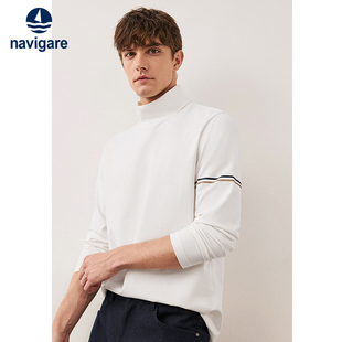 T恤男秋冬新款 Navigare意大利小帆船白色长袖 磨毛打底衫 莫代尔
