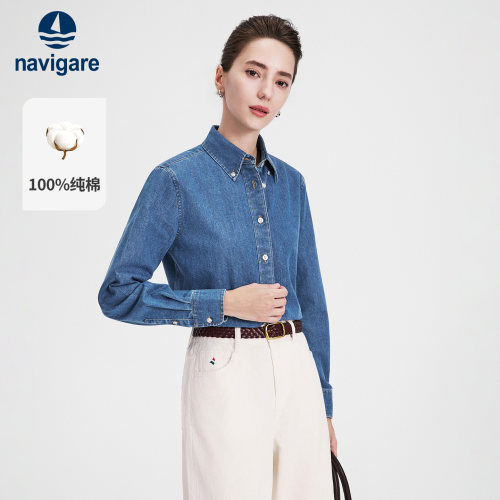 小帆船蓝色水洗牛仔衬衫女通勤