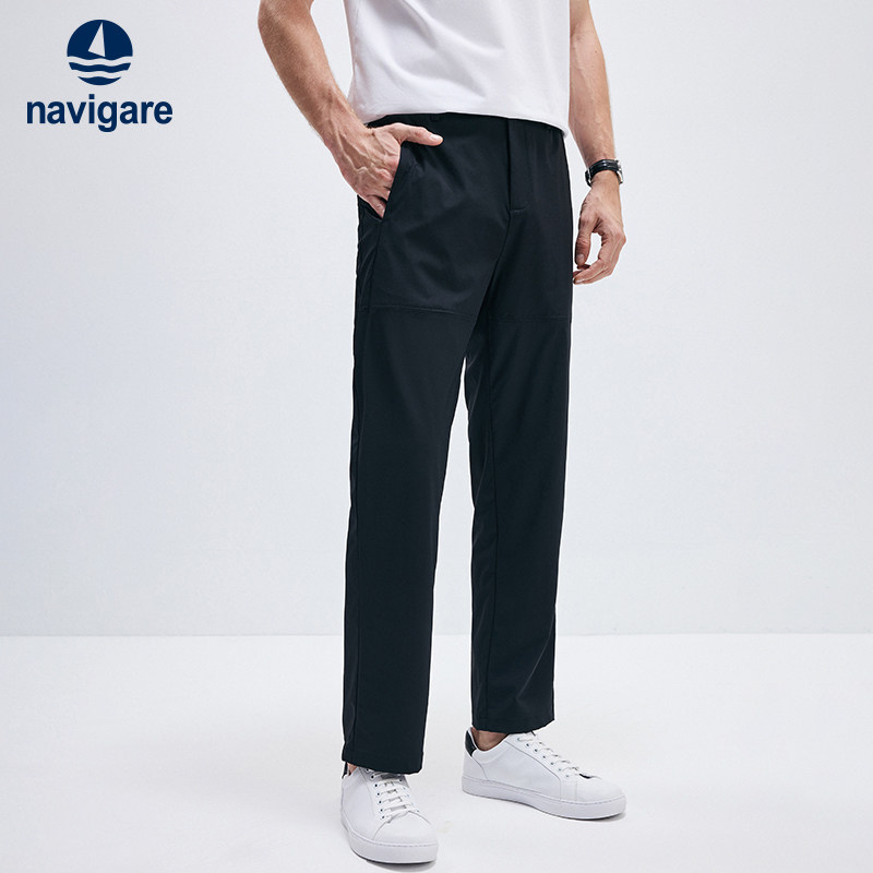 Navigare意大利小帆船夏季黑色直筒休闲裤男士弹力凉感裤子