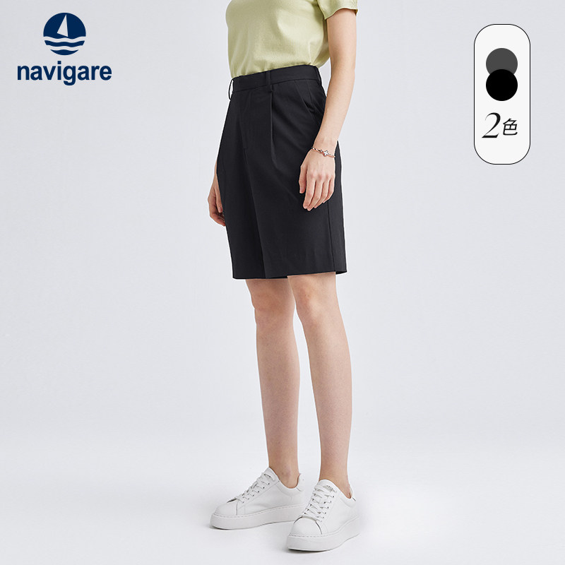 Navigare意大利小帆船黑色高腰宽松西装短裤女夏季薄款休闲五