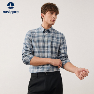 男秋季 衬衫 Navigare意大利小帆船绿色长袖 休闲格子衬衣 纯棉