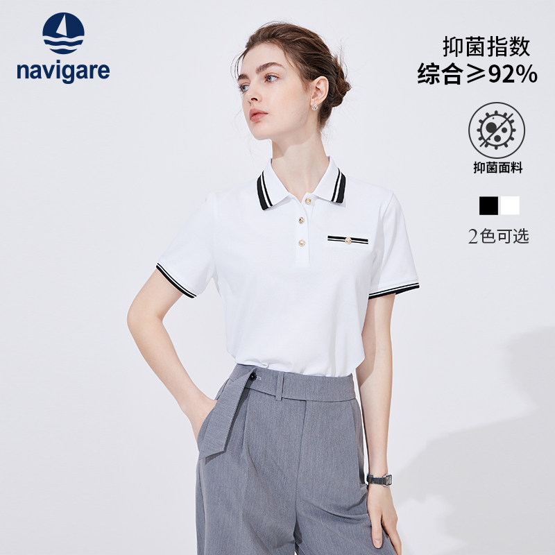 [桑蚕丝]Navigare意大利小帆船白色短袖polo衫女夏季休闲翻领T恤