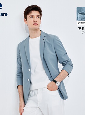 [易打理]Navigare意大利小帆船蓝色泡泡纱西装男春季休闲西服外套