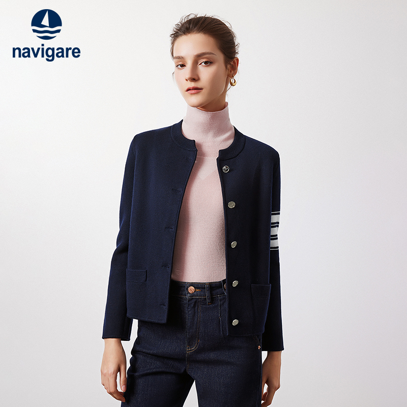 小帆船秋季蓝色针织开衫女