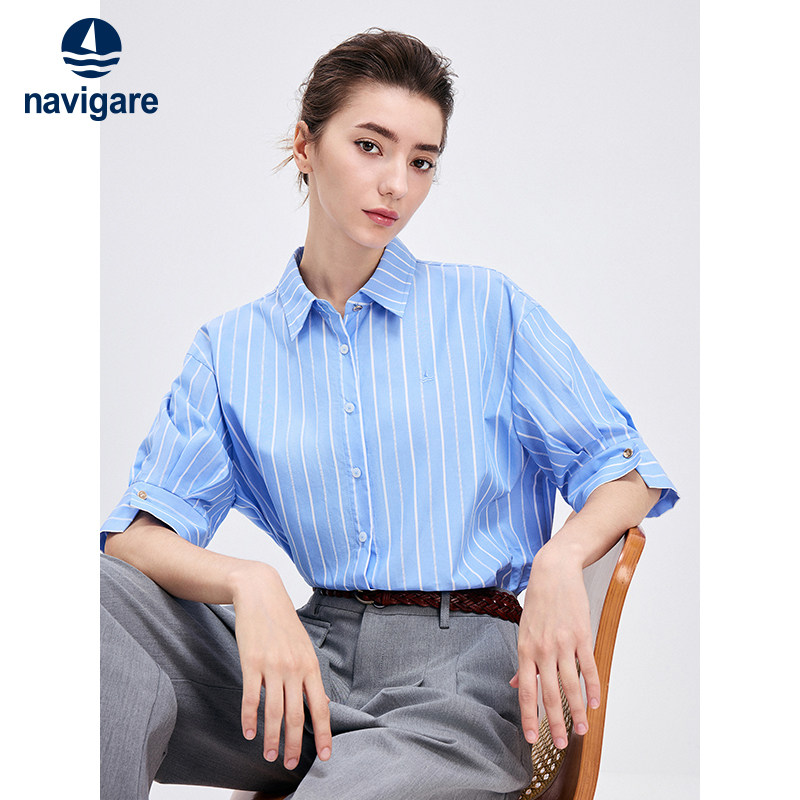 【天丝】Navigare意大利小帆船蓝色条纹衬衫女士休闲中袖衬衣外套