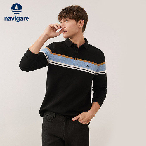 Navigare纯棉条纹长袖POLO
