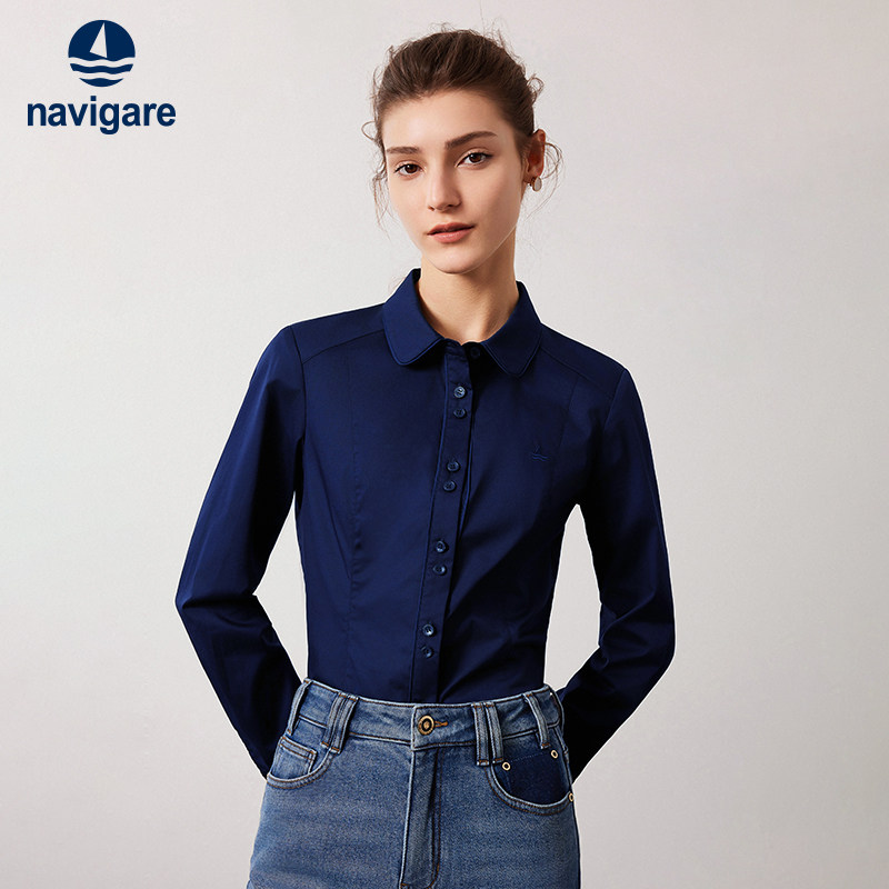 Navigare意大利小帆船春季新款蓝色长袖衬衫女休闲通勤设计感