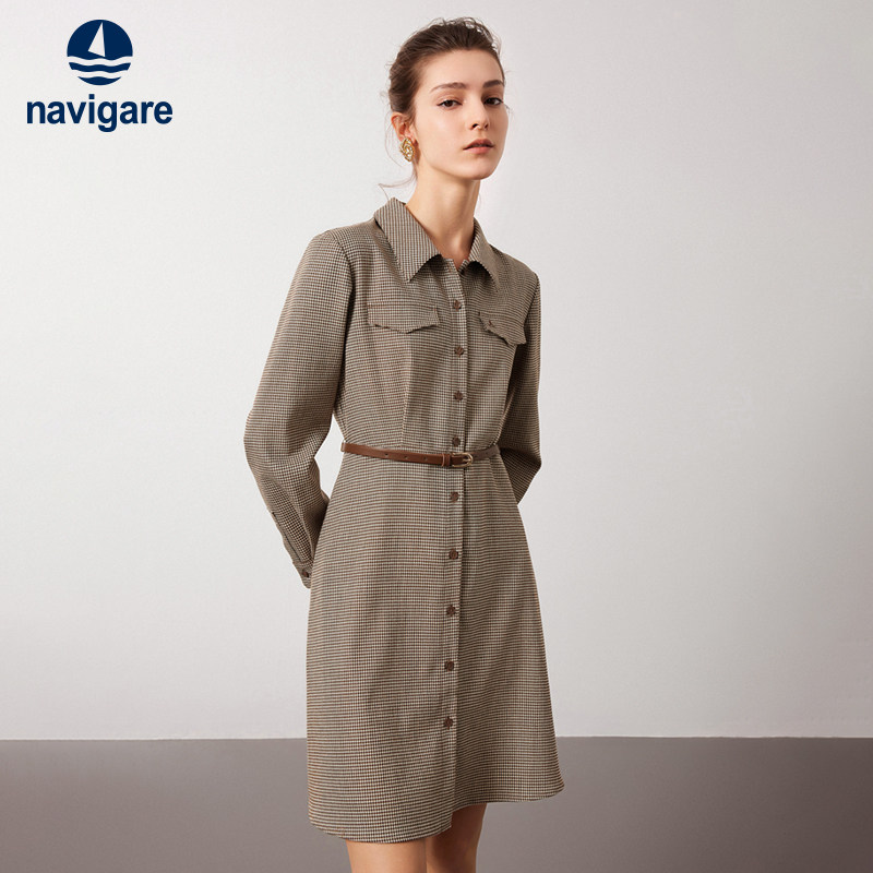 [羊毛]Navigare意大利小帆船秋季格子衬衫连衣裙女休闲工装