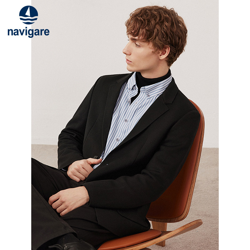 Navigare意大利小帆船黑色高级感西服外套男秋冬款休闲时尚小