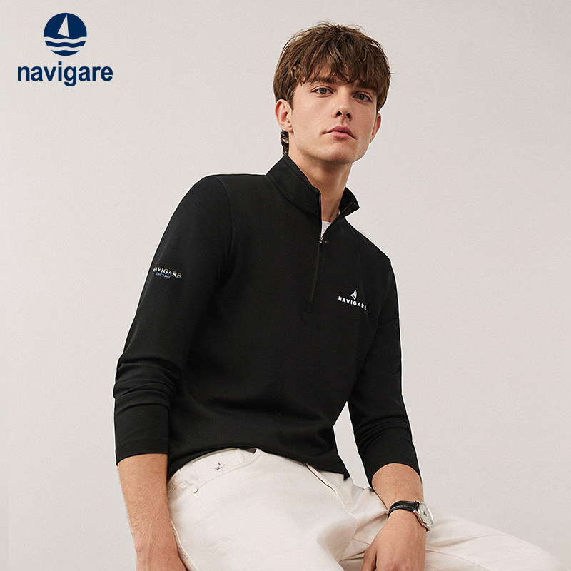 [磨毛]Navigare意大利小帆船黑色长袖T恤男士新款休闲半拉