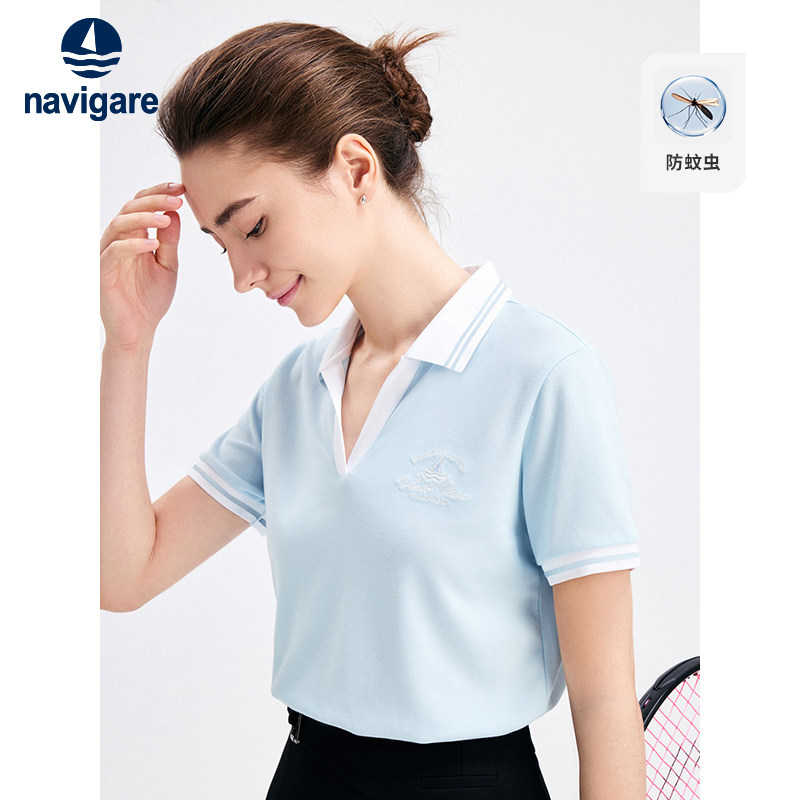 Navigare意大利小帆船设计感简约polo衫女短袖蓝色V领T恤上衣