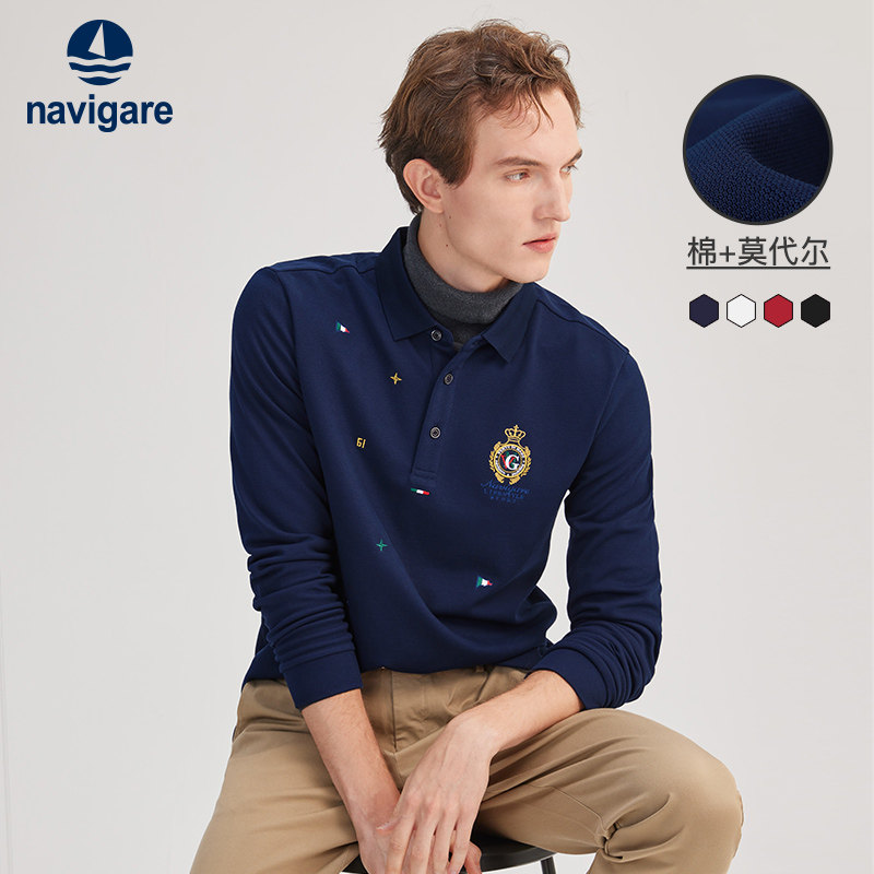 Navigare意大利小帆船长袖polo衫男春季新款翻领休闲针织衫