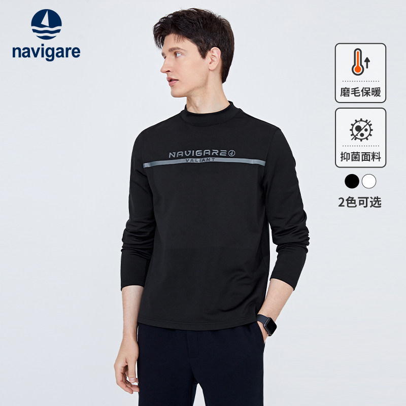[磨毛]Navigare意大利小帆船春季黑色圆领T恤男士长袖休闲