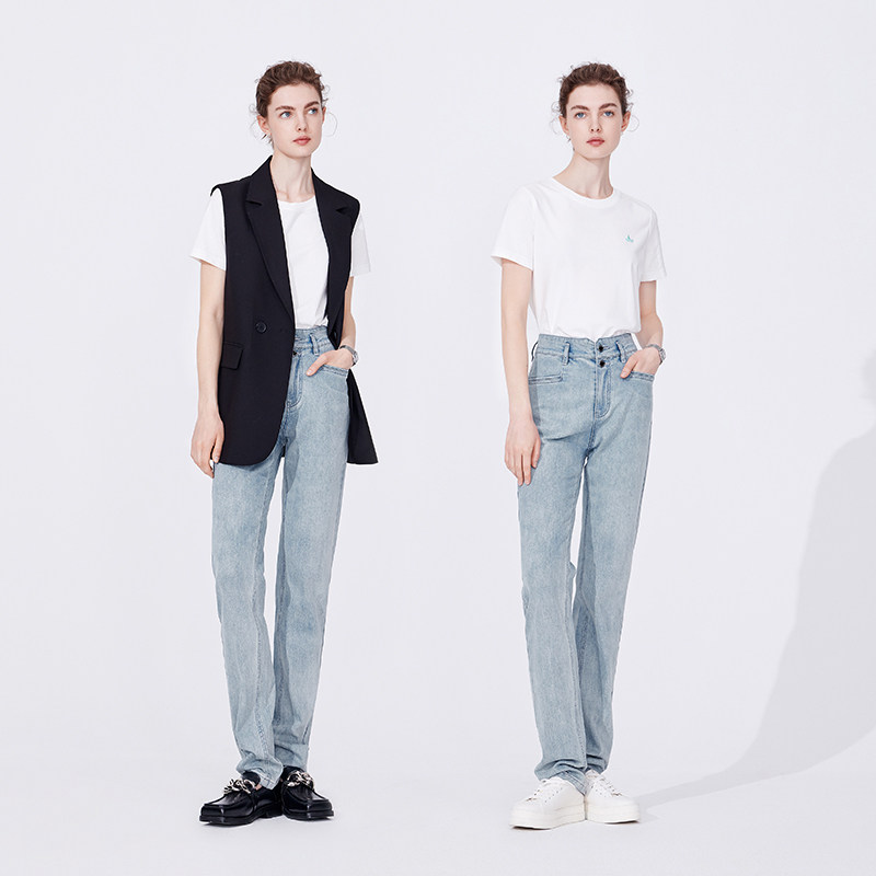 Navigare意大利小帆船蓝色水洗牛仔裤女夏季薄款休闲百搭小脚