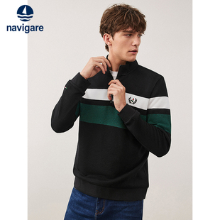 Navigare意大利小帆船春季撞色休闲条纹针织衫男长袖半拉链卫衣