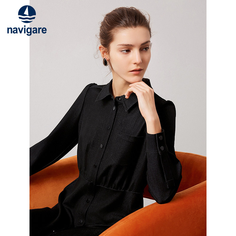 Navigare意大利小帆船黑色长袖连衣裙女春秋新款休闲裙子衬衫