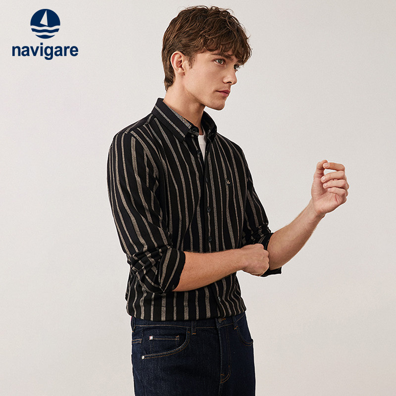Navigare意大利小帆船秋冬新款高级感衬衫男长袖黑色休闲条纹衬衣,男装,衬衫,淘宝优惠券,粉丝福利购,淘宝优惠卷