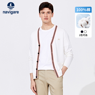 新款 男春季 Navigare意大利小帆船白色针织开衫 休闲毛衣外套 纯棉