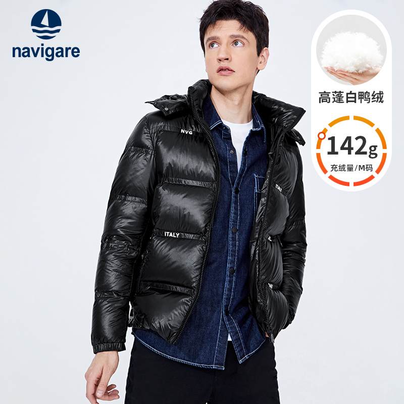Navigare意大利小帆船黑色短款羽绒服男冬季休闲面包服保暖外套