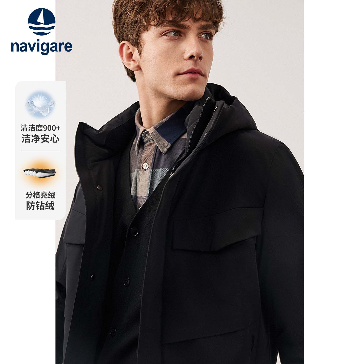 Navigare意大利小帆船冬季黑色休闲连帽羽绒服男士商务保暖外