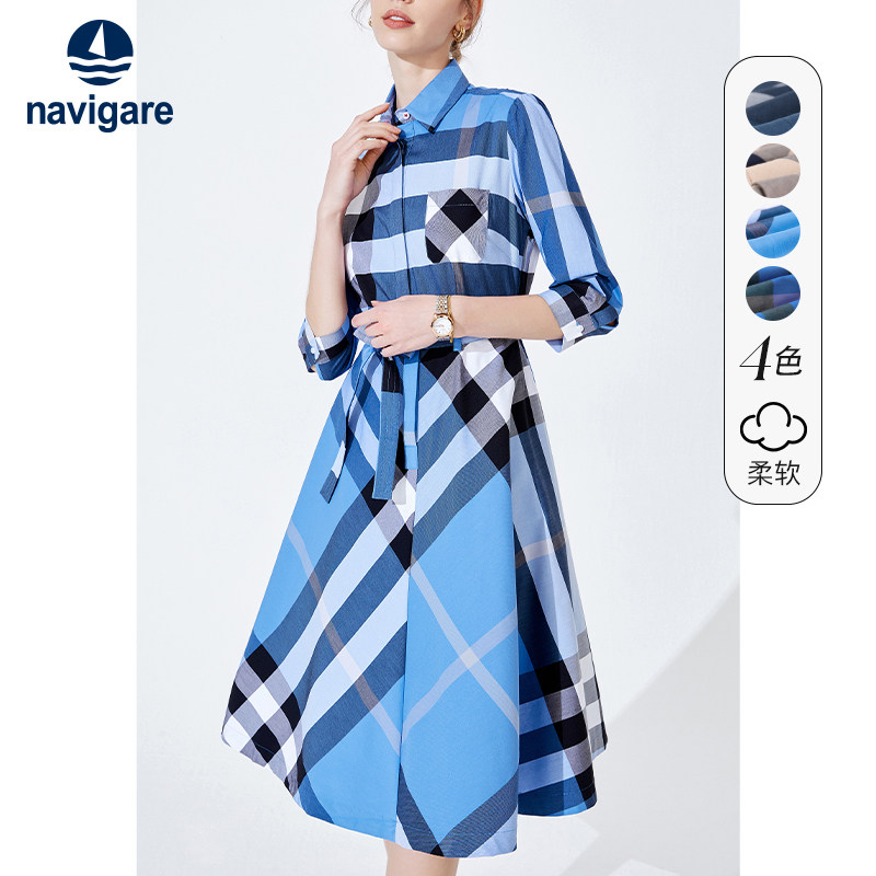 Navigare意大利小帆船女士夏七分袖格子连衣裙腰带翻领衬衫a