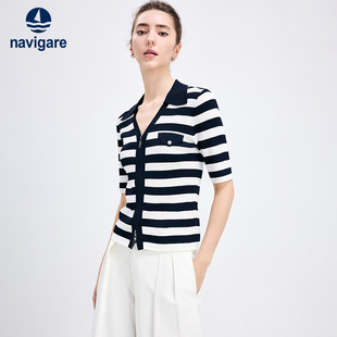 [天丝]Navigare意大利小帆船夏季条纹针织开衫女短袖休闲翻领外套