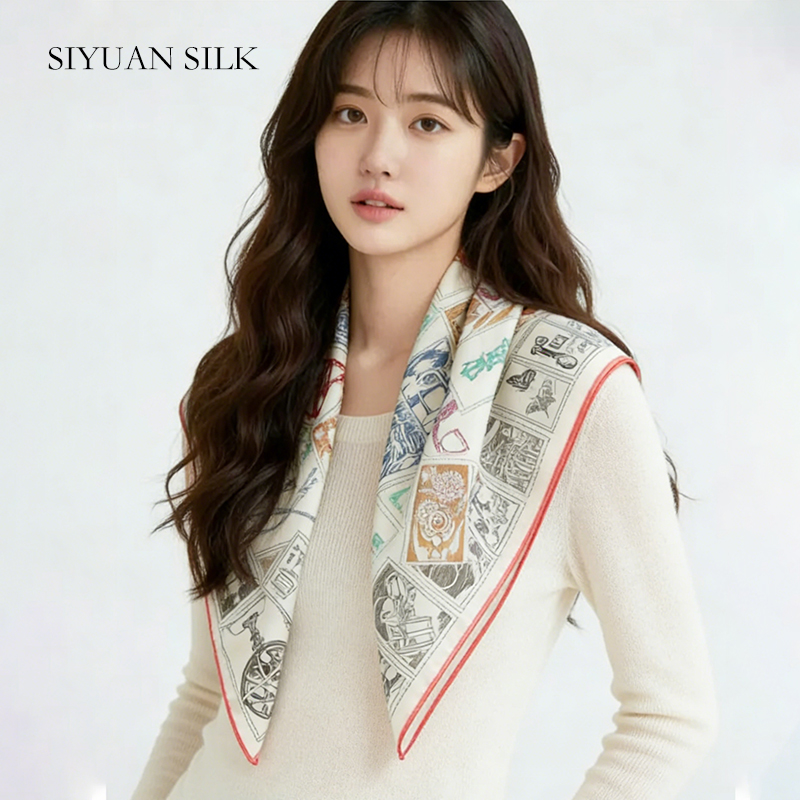 真丝桑蚕丝丝巾丝毛女双面印花小方巾复古百搭围巾保暖高级小披肩