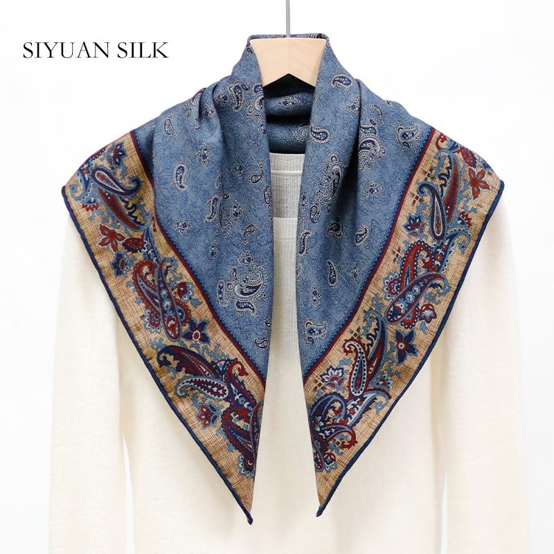丝毛2025新款桑蚕丝羊毛围巾腰果花纹方巾女复古百搭蓝色丝巾披肩