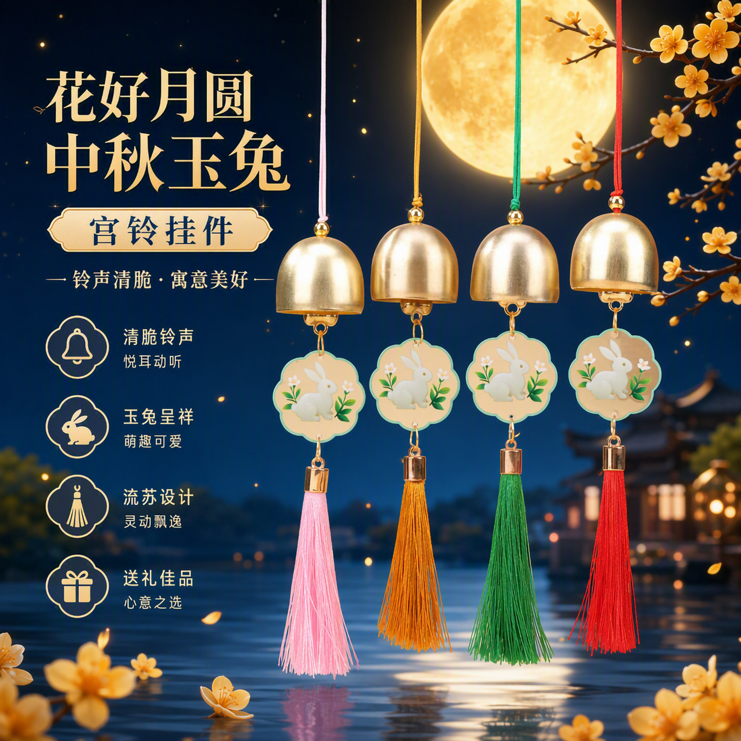 国风中秋玉兔宫铃包包挂件图片