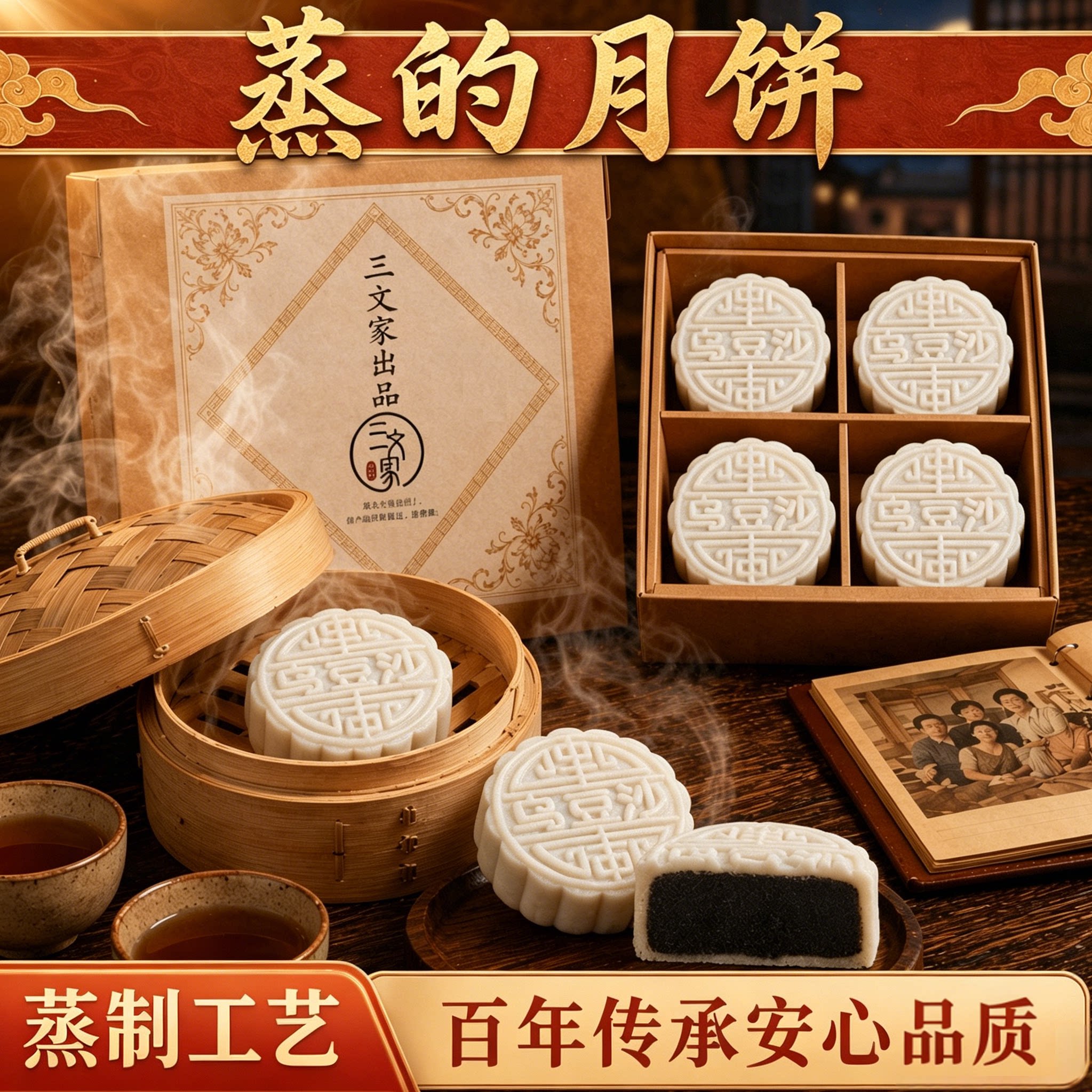 【新品】三文家米皮柴火黑豆沙月饼冰皮糕点蛋黄莲蓉老式手工礼盒