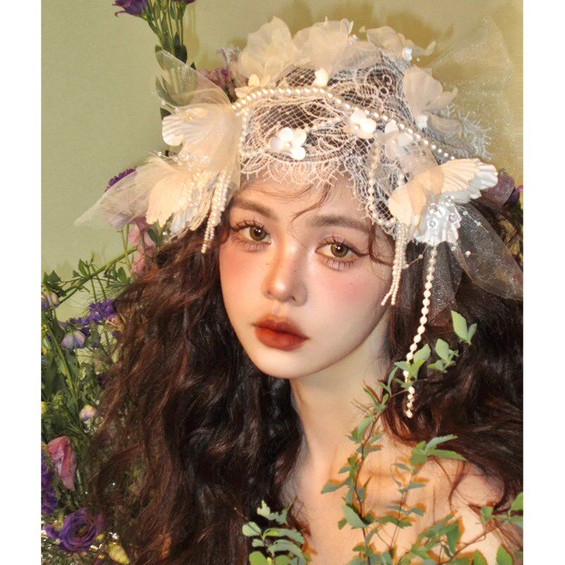 梦幻质感绢纱立体烫花法式头纱帽新娘头饰婚纱跟妆旅拍高级感配饰